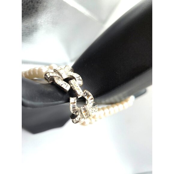 Signed Coralee Double Strand Faux Pearl Necklace Rhinestone Accent - Picture 3 of 5